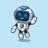 Cute cartoon robot with a blue screen face, smiling expression, and white body with blue accents. Floating on a light blue background, one arm raised in a friendly wave. vector