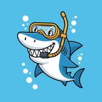 Happy cartoon shark with white body and blue fins wearing yellow diving goggles and snorkel Smiling with sharp teeth, surrounded by bubbles on a solid light blue background vector