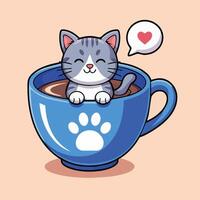 Cute cartoon of a gray and white cat sitting contentedly in a blue teacup filled with coffee Features a paw print on the cup, red heart speech bubble, and peach background vector