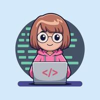 Cute chibi-style cartoon of a female programmer with short brown hair, glasses, and pink hoodie, coding on a silver laptop Modern tech art with coding background vector