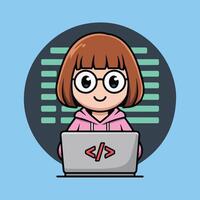 Cute chibi-style cartoon of a female programmer with short brown hair, glasses, and pink hoodie, coding on a silver laptop. Modern tech art with coding background. vector