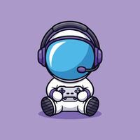 Cute kawaii-style astronaut with headphones gaming on a PlayStation controller Minimalist on solid purple background with smooth lines and purple accents vector