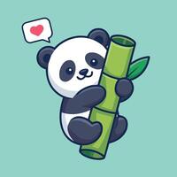 Cute cartoon baby panda hugging a glossy green bamboo stalk on a mint green background. Kawaii style with clean lines, minimal shading, and a heart speech bubble. vector