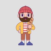 Cute minimalist French baker wearing a red-orange striped beanie and yellow jacket, holding a baguette with a cheerful expression, set against a light gray background vector