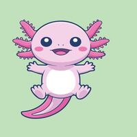 Cute kawaii baby axolotl with a pink body, white belly, navy blue eyes, and bright pink spiky fins. Floating with curled tail on a solid light green background. Simple, cheerful style with clean lines vector