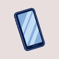 Minimalist dark navy blue smartphone illustration with light blue striped screen, floating at an angle on a light pink background. Flat design with clean lines and no texture. vector