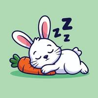 Cute minimalist cartoon of a white bunny with pink ears sleeping on an orange carrot Set on mint green background with navy Z symbols, clean lines, and soft colors vector