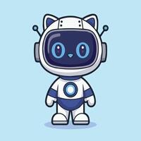 Cute robotic cat in white and navy spacesuit with glowing blue eyes, standing on light blue background Minimalist, tech-style mascot in futuristic cartoon design vector