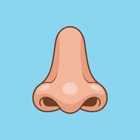 Minimalist cartoon-style human nose illustration with peach-pink color, brown outlines, soft shading, and glossy 3D look. Centered on a light blue background. vector