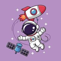 Cute cartoon of a floating astronaut in white suit with rocket on head and blue satellite nearby, set in sparkling purple space Minimalist, kid-friendly style vector