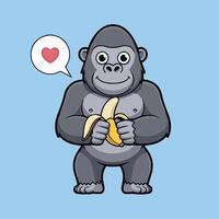 Cute cartoon gorilla with gray body, big black eyes, and a banana, smiling under a speech bubble with a red heart. Child-friendly design on solid light blue background. vector