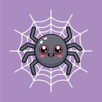 Cute kawaii-style cartoon spider with red eyes and a smile, centered on a white web over a solid purple background Minimalist design with clean lines and soft shading vector