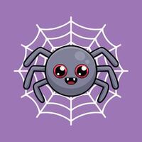 Cute kawaii-style cartoon spider with red eyes and a smile, centered on a white web over a solid purple background. Minimalist design with clean lines and soft shading. vector