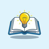 A cartoon open book with a glowing yellow bulb rising from its pages Blue outlines, light blue background, sparkles, and clean minimalist style Great for education themes vector