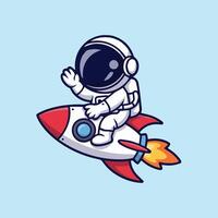 Cute cartoon astronaut waving while riding and white rocket on light blue background. Simple kid-friendly space art with bold colors, flames, and clean lines. vector