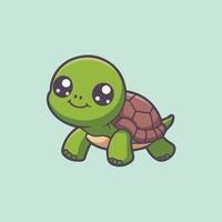 Cute cartoon baby turtle with big eyes and a lime green shell on a mint background Kawaii-style, simple lines, perfect for kids, stickers, and digital products vector