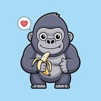 Cute cartoon gorilla with gray body, big black eyes, and a banana, smiling under a speech bubble with a red heart Child-friendly design on solid light blue background vector