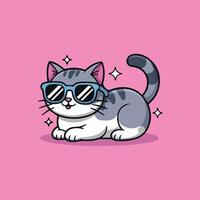 Cute gray and white cartoon cat wearing blue sunglasses, lying relaxed on a solid pink background. Kawaii-style illustration with sparkles and clean, simple lines. vector