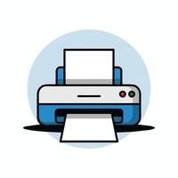Minimalist flat design illustration of a white and blue printer with paper, buttons, and shadow, centered on a light blue circular background. Clean, modern graphic. vector