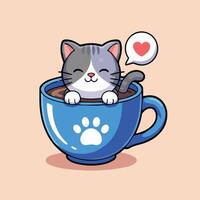 Cute cartoon of a gray and white cat sitting contentedly in a blue teacup filled with coffee. Features a paw print on the cup, red heart speech bubble, and peach background. vector