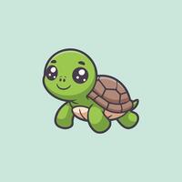 Cute cartoon baby turtle with big eyes and a lime green shell on a mint background. Kawaii-style, simple lines, perfect for kids, stickers, and digital products. vector