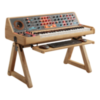 Wooden Keyboard Stand with Synthesizer MIDI Keyboard and Computer Accessories png