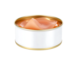 Open can of wet cat food with salmon chunks, isolated on transparent background png
