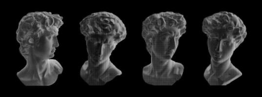 Plaster bust of David in Four Perspectives in halftone style. 3d white line objects in black background vector