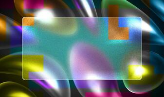 Abstract Glass Morphism with Colorful Fluid Elements. Glassmorphism screen.Transparent matt glass plate on the background 3d set holographic drops . Cyber Design in y2k style and 90s design vector