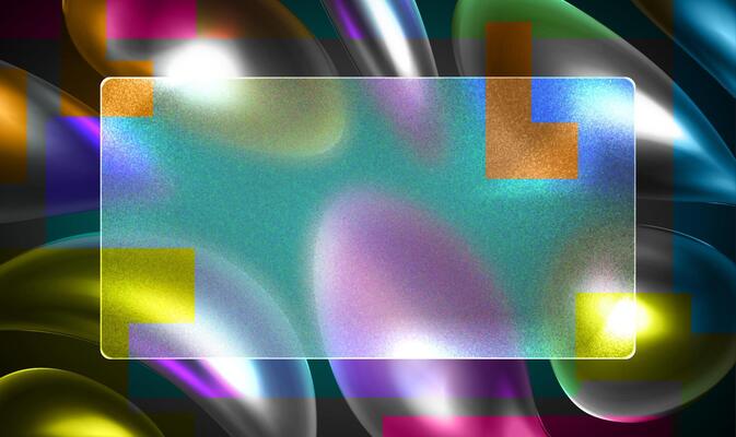 Abstract Glass Morphism with Colorful Fluid Elements. Glassmorphism screen.Transparent matt glass plate on the background 3d set holographic drops . Cyber Design in y2k style and 90s design