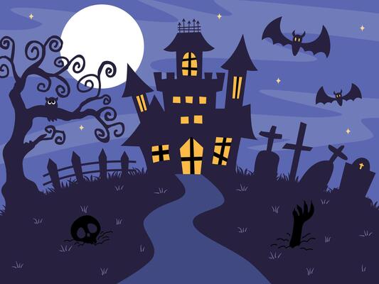 Halloween background or banner concept with castle, graveyard and bats.