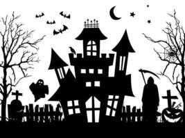 Halloween haunted house silhouette with bats and graveyard, spooky scary castle for Halloween decoration, party invitation, poster, greeting card, black illustration. vector