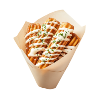 Waffle Fries with Creamy Sauce and Parsley in a Paper Cone Against Transparent Background png