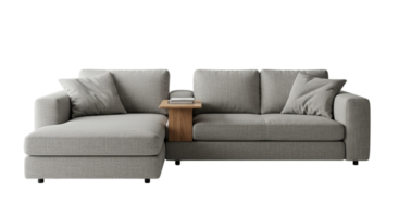 Comfortable Gray Sofa with Wooden Side Table and Throw Pillows png