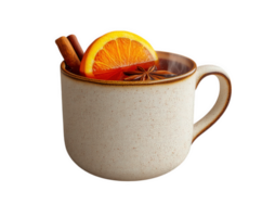 A close-up of a cozy mug of mulled wine, garnished with cinnamon sticks and orange. png