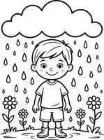A happy boy standing in the rain with flowers and a cloud ready for coloring activities. vector