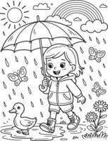 Happy child walking in the rain under an umbrella with a duck butterflies and rainbow vector