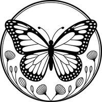 Elegant monarch butterfly illustration in a circular frame with floral elements for decoration vector