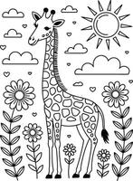 Playful and charming black and white illustration of a giraffe with nature elements for coloring. vector