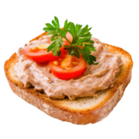 A tasty open-faced sandwich made with pate, tomato slices and parsley on a toasted bread slice. png