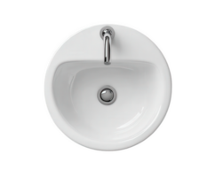 Overhead view of a spotless white sink with a chrome faucet in a modern bathroom. png
