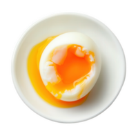Top-down shot of a soft-boiled egg in a white bowl with a bright orange, runny yolk. png