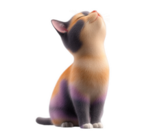 A delightful calico cat sits in a relaxed pose, looking up with closed eyes and a peaceful expression. png