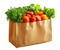 A paper bag is filled with fresh, colorful vegetables like tomatoes and peppers ready to use. png