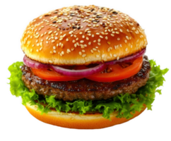 A close-up of a delicious burger, showing its fresh ingredients and appetizing presentation. png