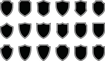 Collection of black and white shield icons in various shapes representing protection and security vector