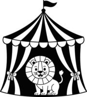 Adorable black and white illustration of a happy lion inside a circus tent vector