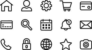 Set of minimalist outline icon graphics representing various web and mobile application functions vector