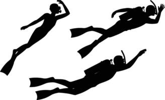 Silhouettes of three divers swimming underwater exploring the depths of the ocean vector
