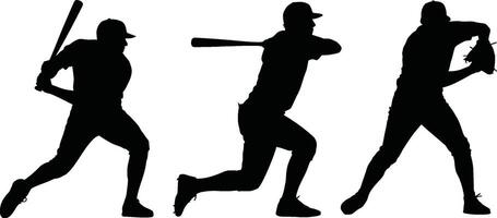 Dynamic silhouette illustrations of baseball players in various action poses on white background vector